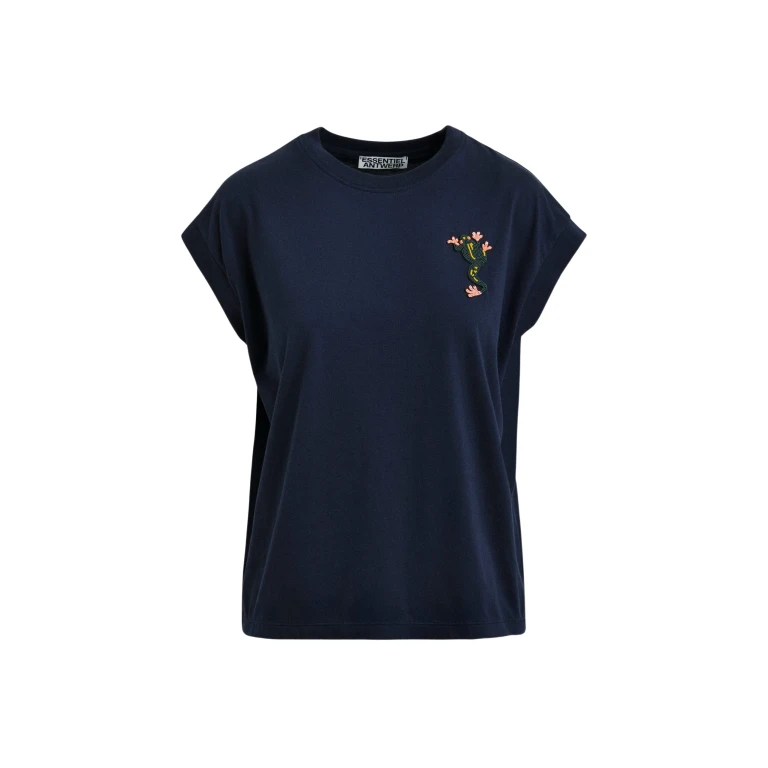 Essentiel Antwerp Navy cotton T-shirt with bead embroidery - Essentiel Antwerp Shirts - Colorful Belgian Design - Shop at Luxury Shoes 