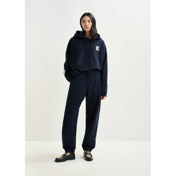 Essentiel Antwerp Navy cotton sweatpants with E-shaped embroidery - Essentiel Antwerp Pants - Colorful Belgian Design - Shop at Luxury Shoes 