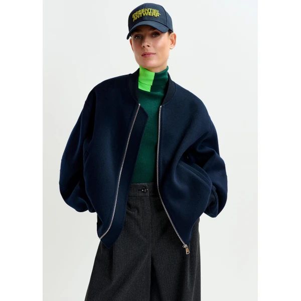 Essentiel Antwerp Navy oversized wool bomber jacket - Essentiel Antwerp Jackets - Colorful Belgian Design - Shop at Luxury Shoes 