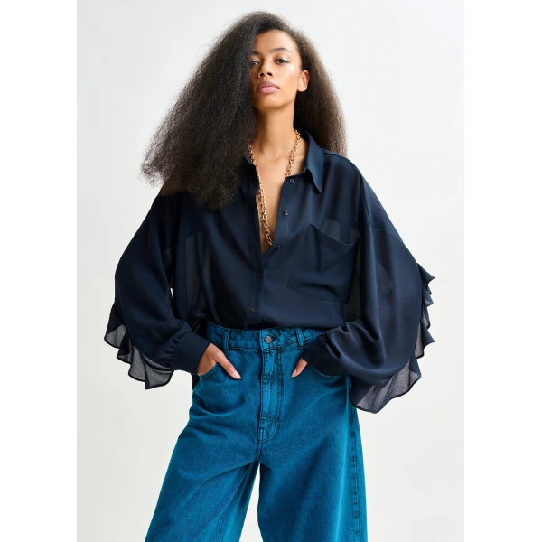 Essentiel Antwerp Navy ruffle-sleeve shirt - Essentiel Antwerp Shirts - Colorful Belgian Design - Shop at Luxury Shoes 