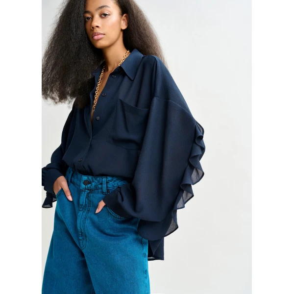 Essentiel Antwerp Navy ruffle-sleeve shirt - Essentiel Antwerp Shirts - Colorful Belgian Design - Shop at Luxury Shoes 