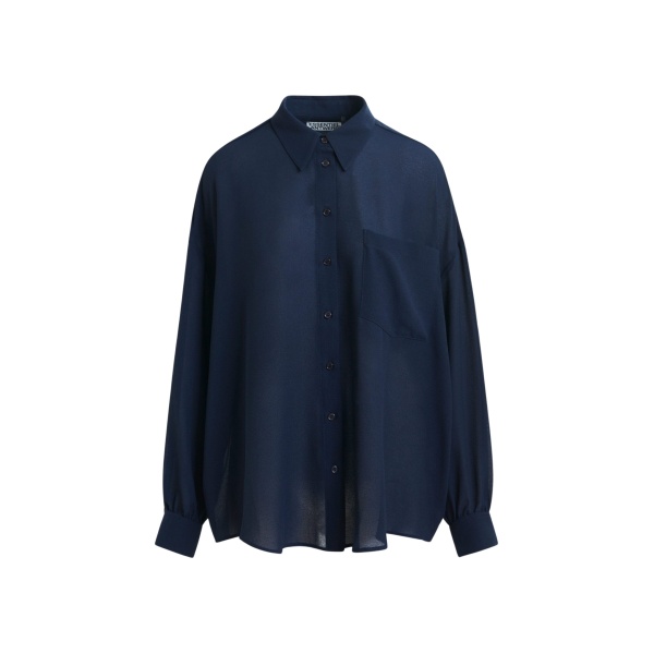 Essentiel Antwerp Navy ruffle-sleeve shirt - Essentiel Antwerp Shirts - Colorful Belgian Design - Shop at Luxury Shoes 