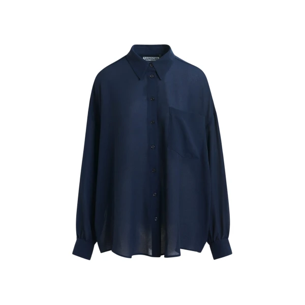 Essentiel Antwerp Navy ruffle-sleeve shirt - Essentiel Antwerp Shirts - Colorful Belgian Design - Shop at Luxury Shoes 