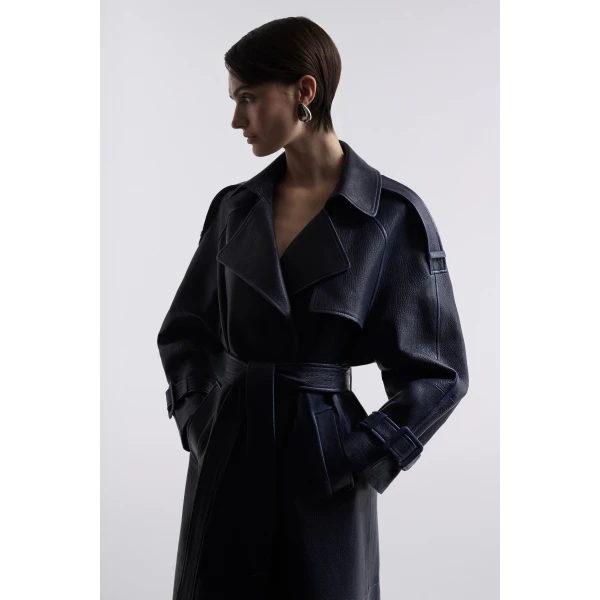 Nour Hammour Coats Color | Claudia Textured Leather Trench luxury leather Coats from Luxury Shoes 
