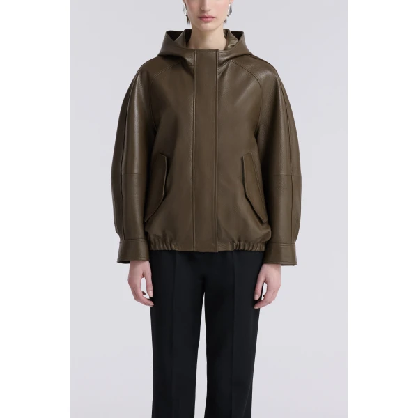 Nour Hammour Jackets Color | Hood Slouchy Leather Bomber luxury leather Jackets from Luxury Shoes 