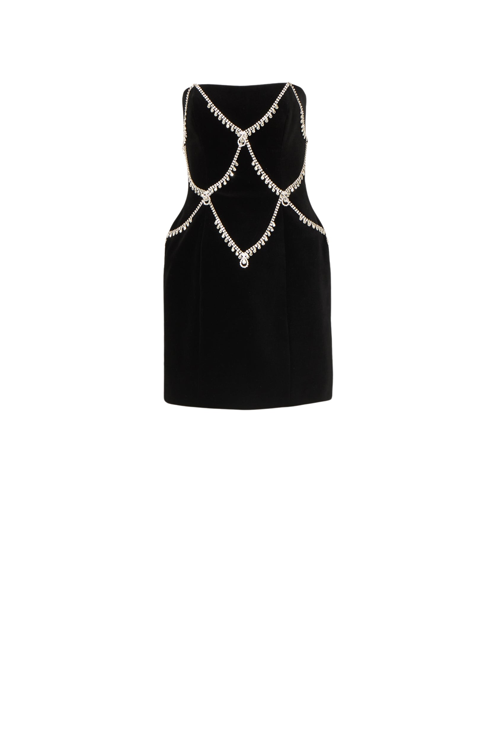 Costarellos Novee Velvet Strapless Crystal Chain Mini Dress