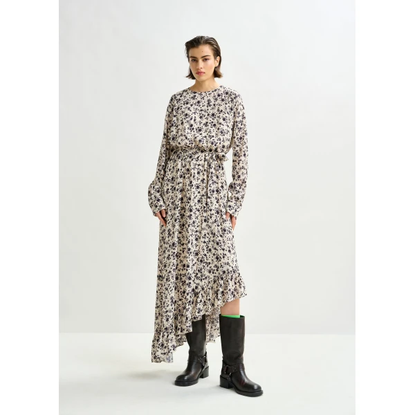 Essentiel Antwerp Off-white and black asymmetrical floral midi dress - Essentiel Antwerp Dresses - Colorful Belgian Design - Shop at Luxury Shoes 