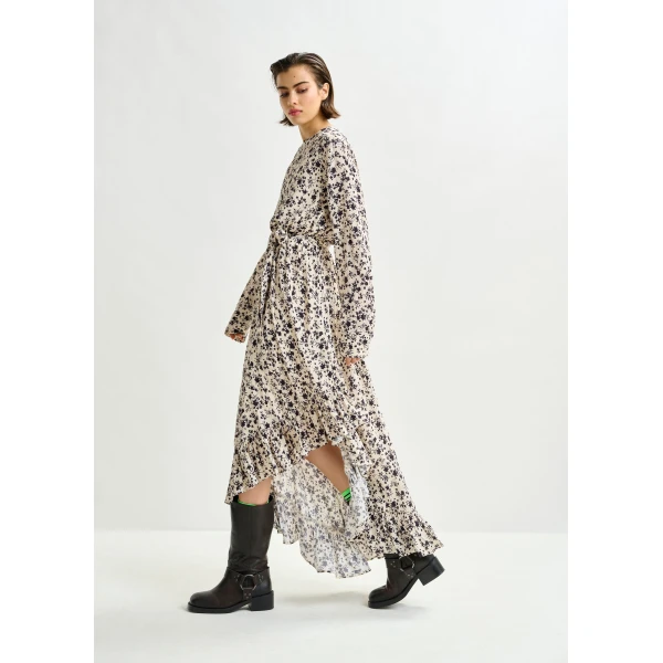 Essentiel Antwerp Off-white and black asymmetrical floral midi dress - Essentiel Antwerp Dresses - Colorful Belgian Design - Shop at Luxury Shoes 