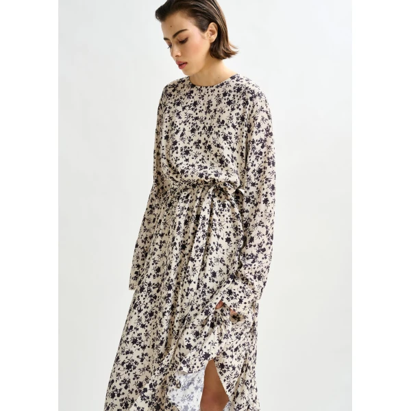 Essentiel Antwerp Off-white and black asymmetrical floral midi dress - Essentiel Antwerp Dresses - Colorful Belgian Design - Shop at Luxury Shoes 