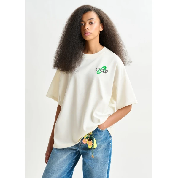 Essentiel Antwerp Off-white and green cotton T-shirt with bead embroidery - Essentiel Antwerp Shirts - Colorful Belgian Design - Shop at Luxury Shoes 