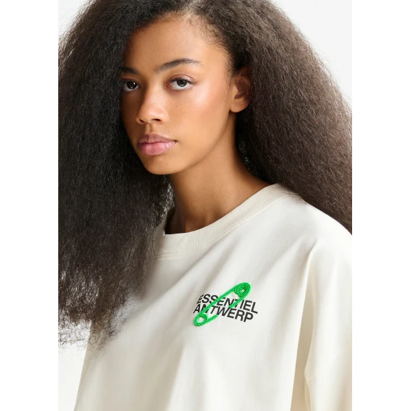 Essentiel Antwerp Off-white and green cotton T-shirt with bead embroidery - Essentiel Antwerp Shirts - Colorful Belgian Design - Shop at Luxury Shoes 