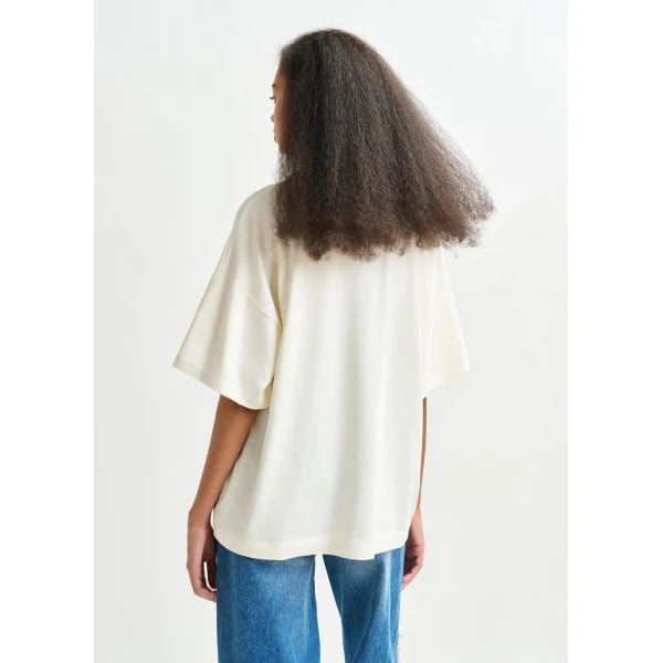 Essentiel Antwerp Off-white and green cotton T-shirt with bead embroidery - Essentiel Antwerp Shirts - Colorful Belgian Design - Shop at Luxury Shoes 