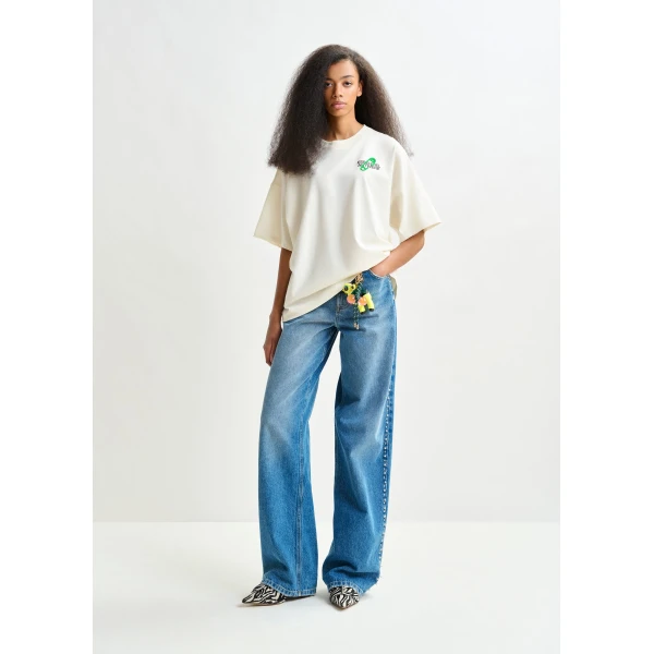 Essentiel Antwerp Off-white and green cotton T-shirt with bead embroidery - Essentiel Antwerp Shirts - Colorful Belgian Design - Shop at Luxury Shoes 