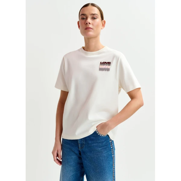 Essentiel Antwerp Off-white and multicolor cotton T-shirt with sequin embroidery - Essentiel Antwerp Shirts - Colorful Belgian Design - Shop at Luxury Shoes 