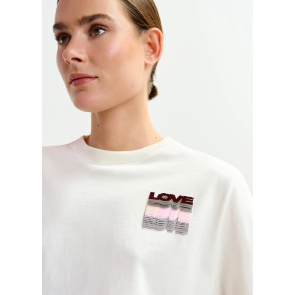 Essentiel Antwerp Off-white and multicolor cotton T-shirt with sequin embroidery - Essentiel Antwerp Shirts - Colorful Belgian Design - Shop at Luxury Shoes 