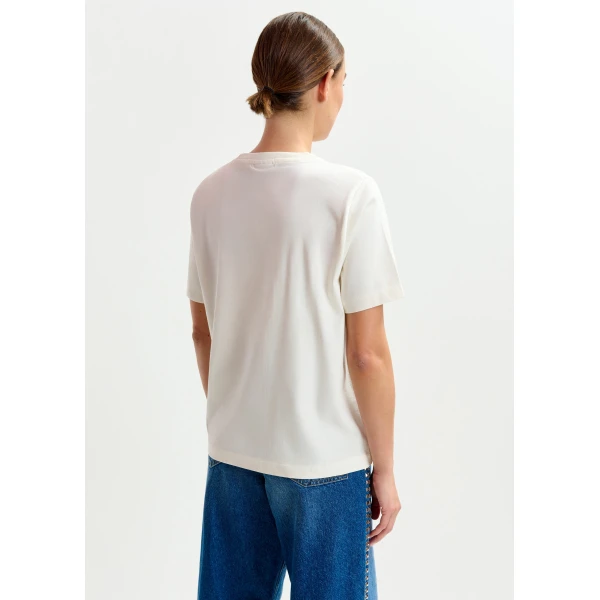 Essentiel Antwerp Off-white and multicolor cotton T-shirt with sequin embroidery - Essentiel Antwerp Shirts - Colorful Belgian Design - Shop at Luxury Shoes 