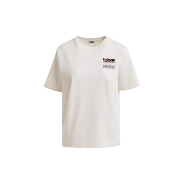 Essentiel Antwerp Off-white and multicolor cotton T-shirt with sequin embroidery - Essentiel Antwerp Shirts - Colorful Belgian Design - Shop at Luxury Shoes 