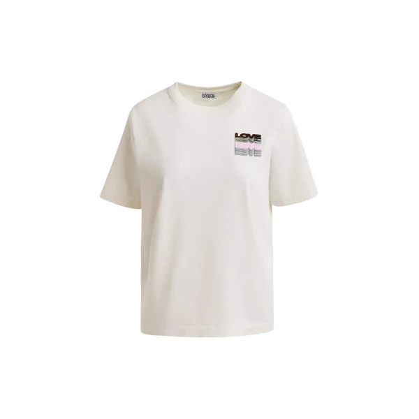 Essentiel Antwerp Off-white and multicolor cotton T-shirt with sequin embroidery - Essentiel Antwerp Shirts - Colorful Belgian Design - Shop at Luxury Shoes 