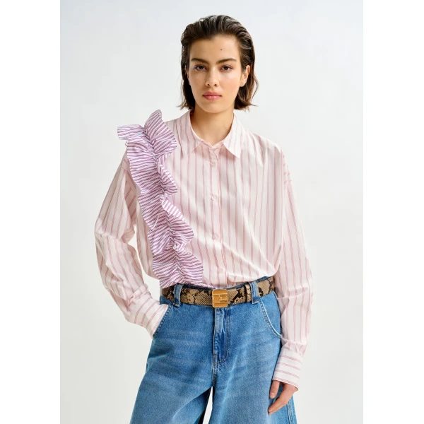 Essentiel Antwerp Off-white and red striped cotton shirt with ruffle detail - Essentiel Antwerp Shirts - Colorful Belgian Design - Shop at Luxury Shoes 