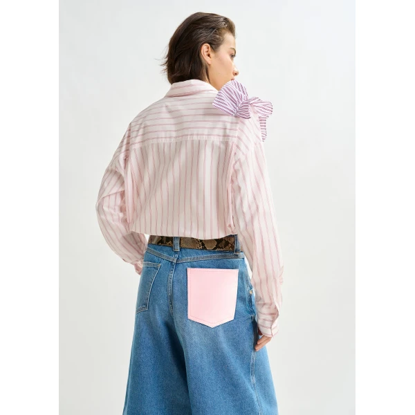 Essentiel Antwerp Off-white and red striped cotton shirt with ruffle detail - Essentiel Antwerp Shirts - Colorful Belgian Design - Shop at Luxury Shoes 