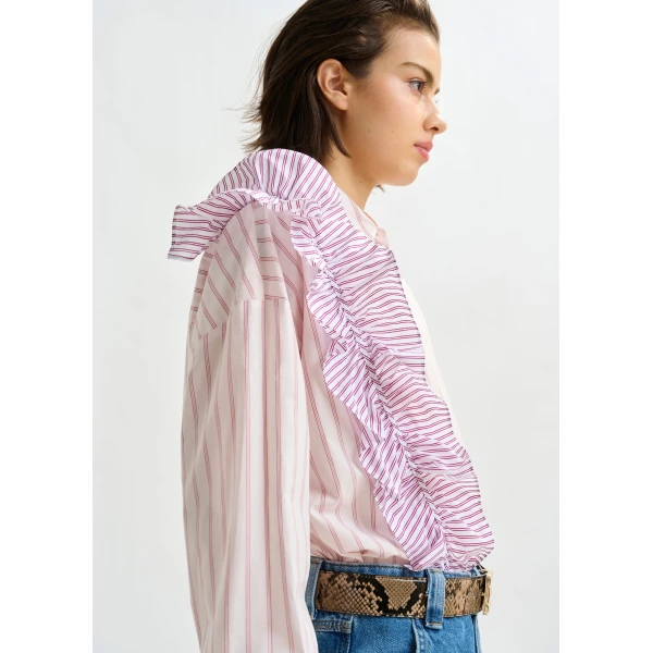 Essentiel Antwerp Off-white and red striped cotton shirt with ruffle detail - Essentiel Antwerp Shirts - Colorful Belgian Design - Shop at Luxury Shoes 