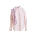 Essentiel Antwerp Off-white and red striped cotton shirt with ruffle detail - Essentiel Antwerp Shirts - Colorful Belgian Design - Shop at Luxury Shoes 