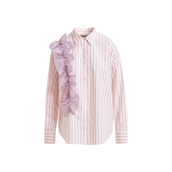 Essentiel Antwerp Off-white and red striped cotton shirt with ruffle detail - Essentiel Antwerp Shirts - Colorful Belgian Design - Shop at Luxury Shoes 