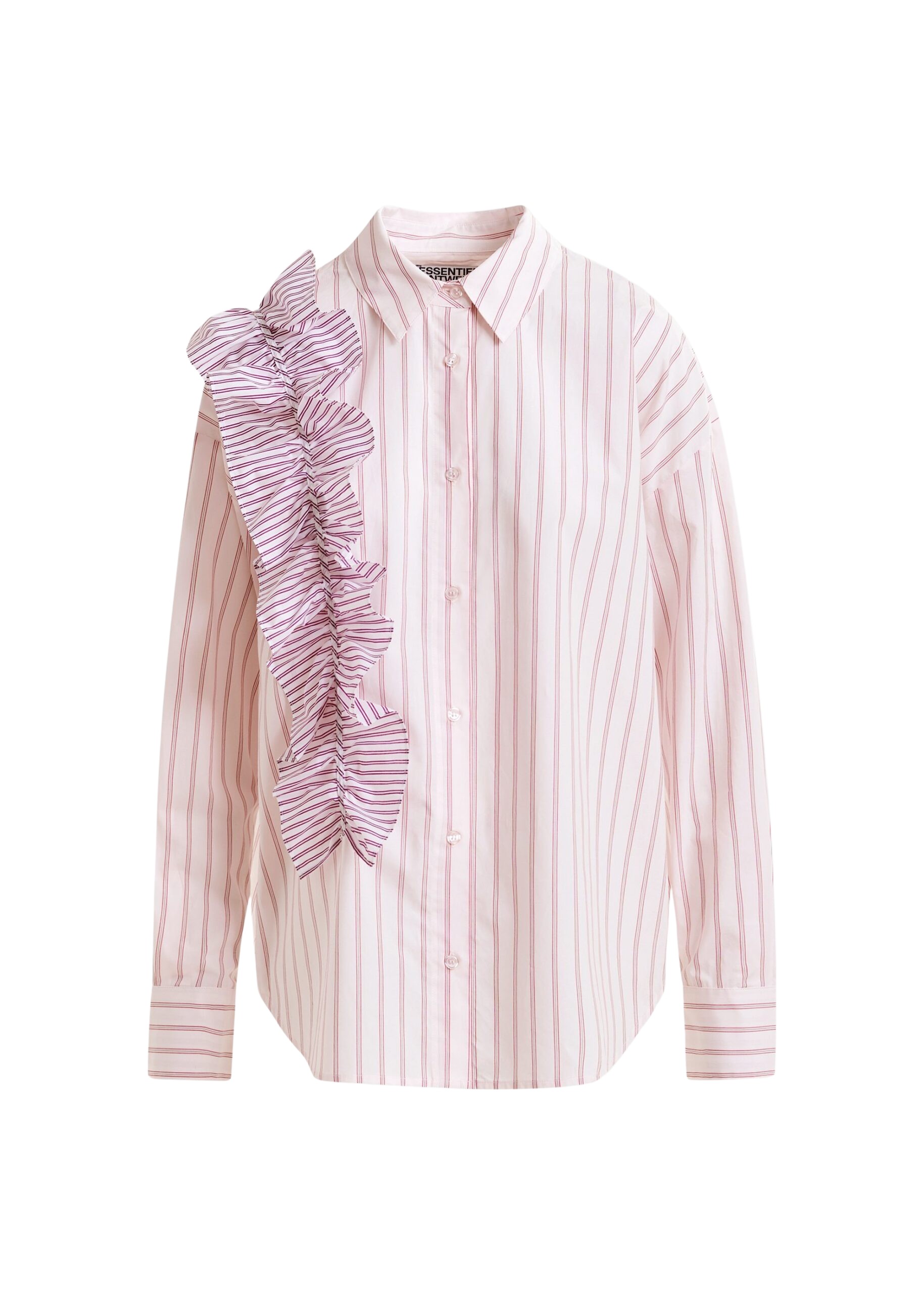 Essentiel Antwerp Off-white and red striped cotton shirt with ruffle detail