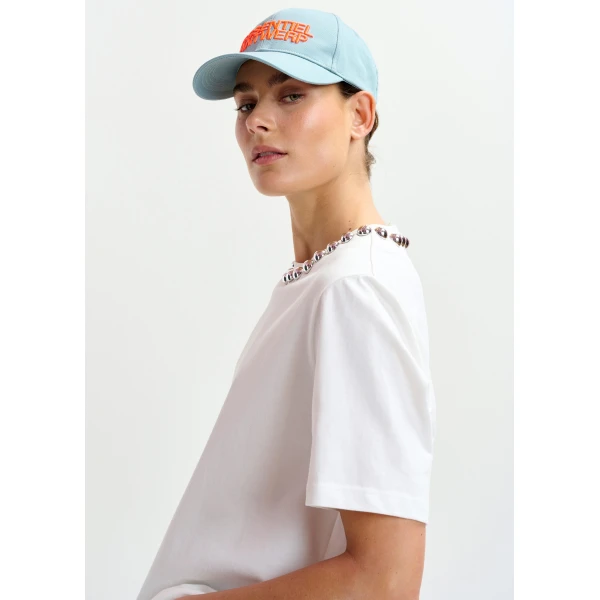 Essentiel Antwerp Off-white and silver cotton T-shirt with metallic pearl-style embellishments - Essentiel Antwerp Shirts - Colorful Belgian Design - Shop at Luxury Shoes 