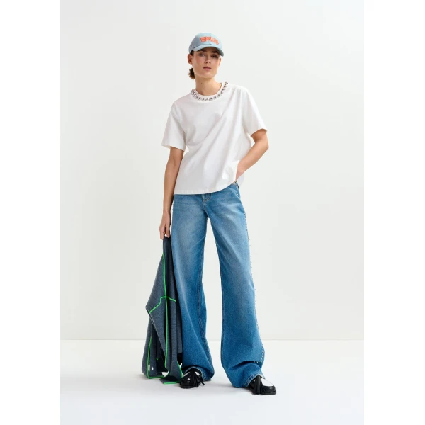 Essentiel Antwerp Off-white and silver cotton T-shirt with metallic pearl-style embellishments - Essentiel Antwerp Shirts - Colorful Belgian Design - Shop at Luxury Shoes 