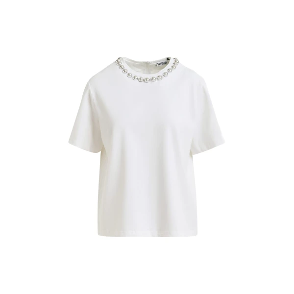 Essentiel Antwerp Off-white and silver cotton T-shirt with metallic pearl-style embellishments - Essentiel Antwerp Shirts - Colorful Belgian Design - Shop at Luxury Shoes 