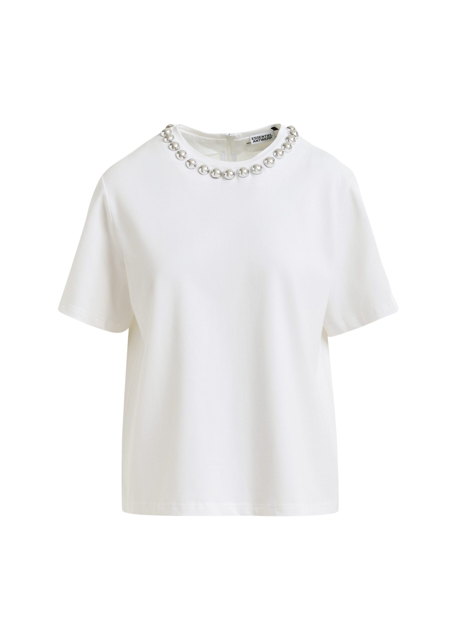 Essentiel Antwerp Off-white and silver cotton T-shirt with metallic pearl-style embellishments Top