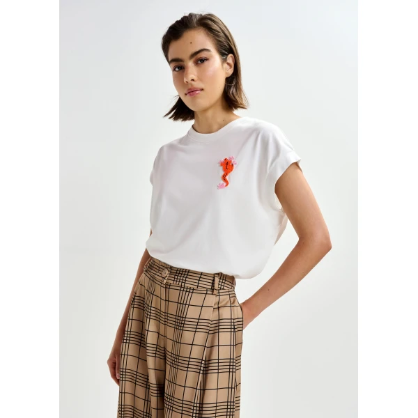 Essentiel Antwerp Off-white cotton T-shirt with bead embroidery - Essentiel Antwerp Shirts - Colorful Belgian Design - Shop at Luxury Shoes 