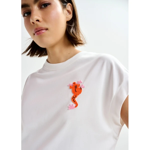 Essentiel Antwerp Off-white cotton T-shirt with bead embroidery - Essentiel Antwerp Shirts - Colorful Belgian Design - Shop at Luxury Shoes 