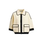 Essentiel Antwerp Off-white knit cardigan with flower buttons and black contrasting trims - Essentiel Antwerp Knitwear - Colorful Belgian Design - Shop at Luxury Shoes 