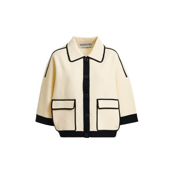 Essentiel Antwerp Off-white knit cardigan with flower buttons and black contrasting trims - Essentiel Antwerp Knitwear - Colorful Belgian Design - Shop at Luxury Shoes 