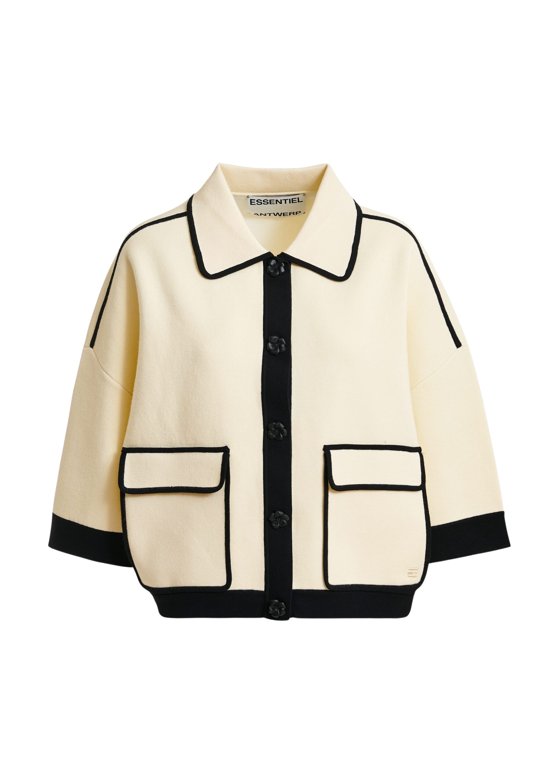 Essentiel Antwerp Off-white knit cardigan with flower buttons and black contrasting trims