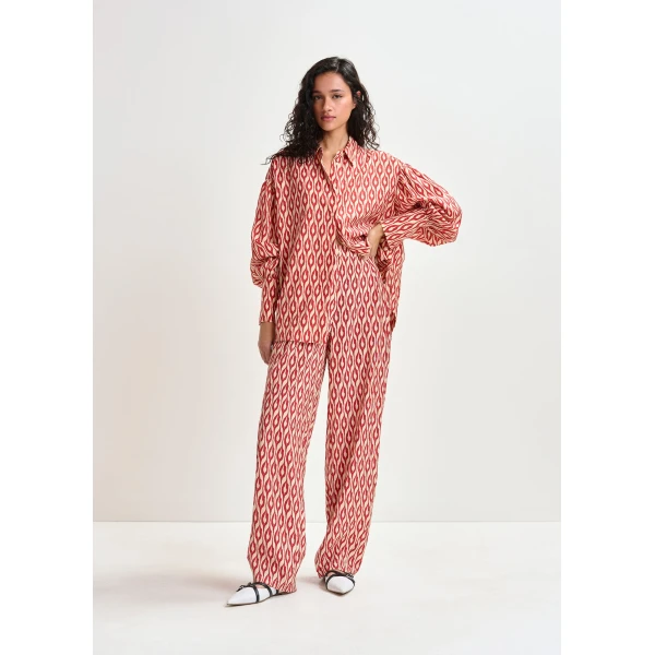 Essentiel Antwerp Orange and beige barrel-leg printed pants - Essentiel Antwerp Pants - Colorful Belgian Design - Shop at Luxury Shoes 