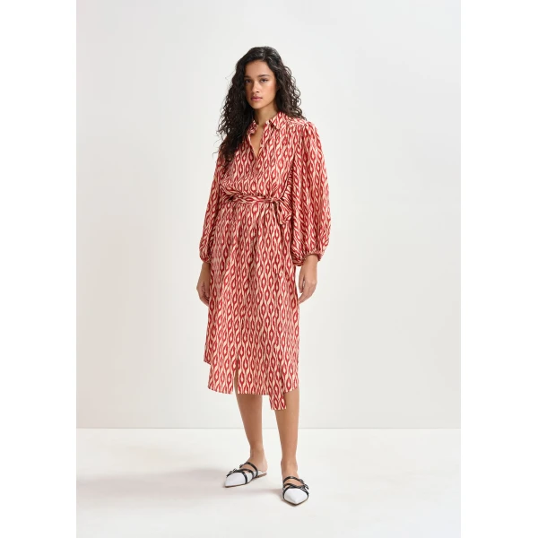 Essentiel Antwerp Orange and beige printed oversized shirt dress with voluminous sleeves - Essentiel Antwerp Dresses - Colorful Belgian Design - Shop at Luxury Shoes 