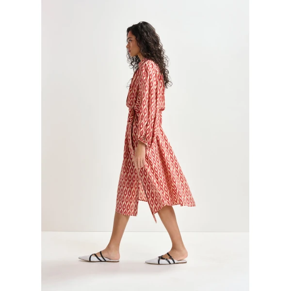 Essentiel Antwerp Orange and beige printed oversized shirt dress with voluminous sleeves - Essentiel Antwerp Dresses - Colorful Belgian Design - Shop at Luxury Shoes 