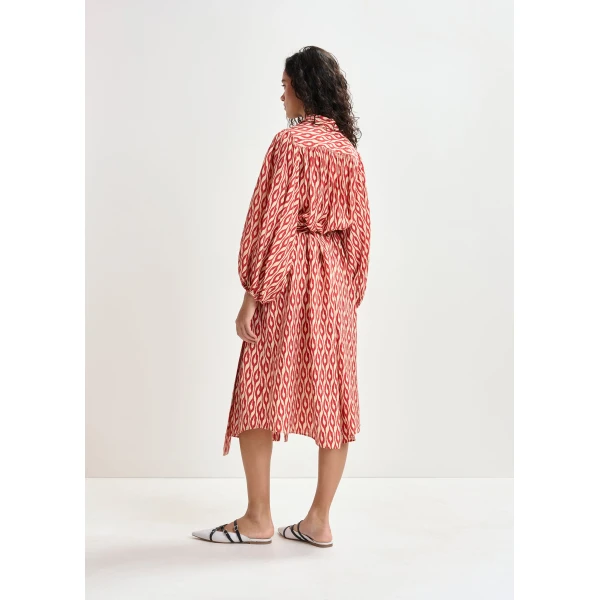 Essentiel Antwerp Orange and beige printed oversized shirt dress with voluminous sleeves - Essentiel Antwerp Dresses - Colorful Belgian Design - Shop at Luxury Shoes 