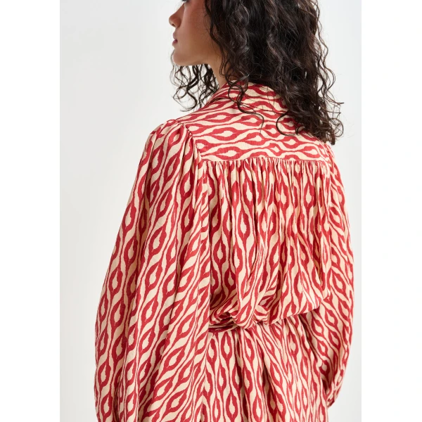 Essentiel Antwerp Orange and beige printed oversized shirt dress with voluminous sleeves - Essentiel Antwerp Dresses - Colorful Belgian Design - Shop at Luxury Shoes 