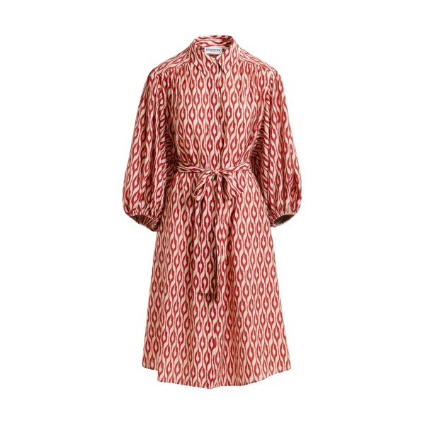 Essentiel Antwerp Orange and beige printed oversized shirt dress with voluminous sleeves - Essentiel Antwerp Dresses - Colorful Belgian Design - Shop at Luxury Shoes 