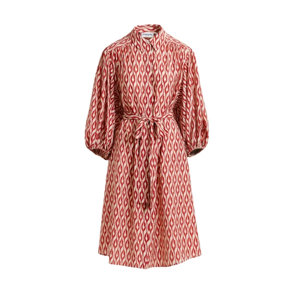 Essentiel Antwerp Orange and beige printed oversized shirt dress with voluminous sleeves - Essentiel Antwerp Dresses - Colorful Belgian Design - Shop at Luxury Shoes 
