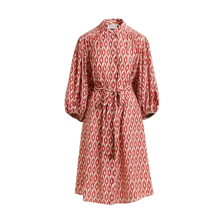 Essentiel Antwerp Orange and beige printed oversized shirt dress with voluminous sleeves - Essentiel Antwerp Dresses - Colorful Belgian Design - Shop at Luxury Shoes 