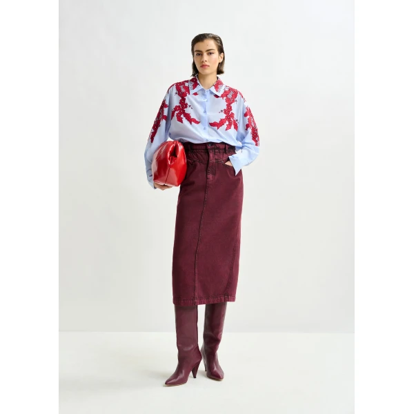 Essentiel Antwerp Overdyed Burdundy midi skirt with paperbag waist - Essentiel Antwerp Skirts - Colorful Belgian Design - Shop at Luxury Shoes 