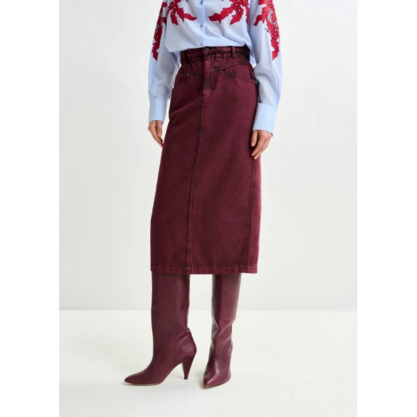 Essentiel Antwerp Overdyed Burdundy midi skirt with paperbag waist - Essentiel Antwerp Skirts - Colorful Belgian Design - Shop at Luxury Shoes 