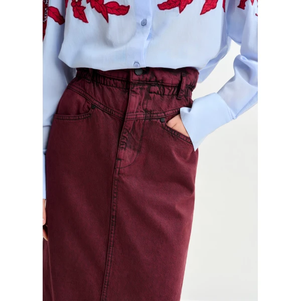 Essentiel Antwerp Overdyed Burdundy midi skirt with paperbag waist - Essentiel Antwerp Skirts - Colorful Belgian Design - Shop at Luxury Shoes 
