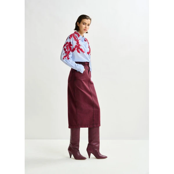 Essentiel Antwerp Overdyed Burdundy midi skirt with paperbag waist - Essentiel Antwerp Skirts - Colorful Belgian Design - Shop at Luxury Shoes 