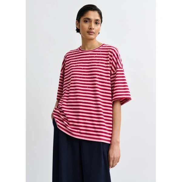 Essentiel Antwerp Pink and burgundy striped rhinestone-embellished oversized cotton T-shirt - Essentiel Antwerp Shirts - Colorful Belgian Design - Shop at Luxury Shoes 